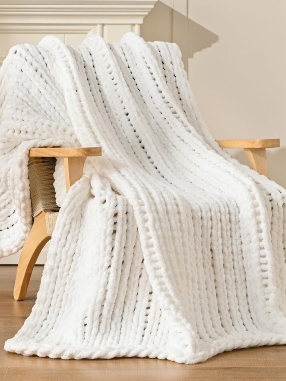 100% Hand Knitted Chenille Throw Blanket, 50"x60", White, Polyester, Chunky